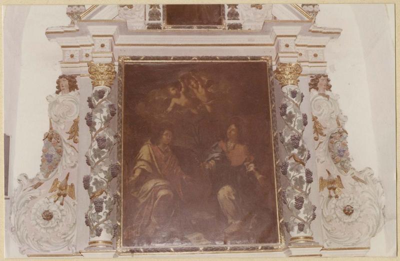 tableau : saints Côme et Damien en prière, saint François-d'Assise, vue partielle