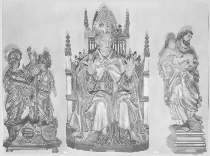 groupe sculpté, reliquaire : un prélat bénissant le mariage de saint Julien et de sainte Baselisse, saint Honorat, saint Joseph portant l'enfant, vue générale