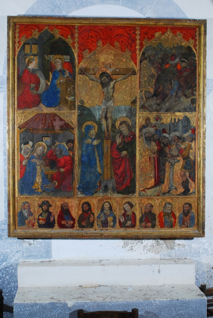 retable : la Crucifixion, l'Annonciation, l'adoration de l'Enfant Jésus, scènes du martyre de saint Sernin