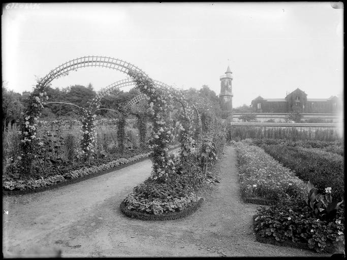 Parc : roseraie, tunnel en fer forgé