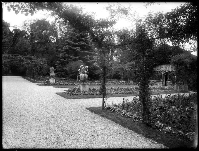 La roseraie, parterres de fleurs et vases