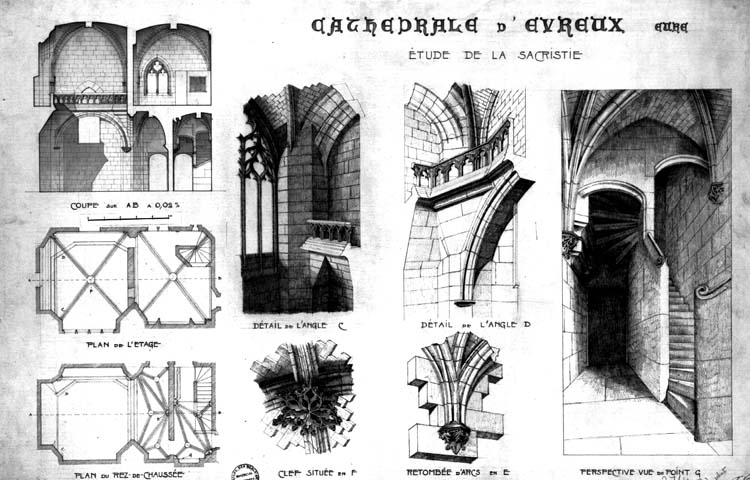 Plan, coupe et études de nervures de la sacristie