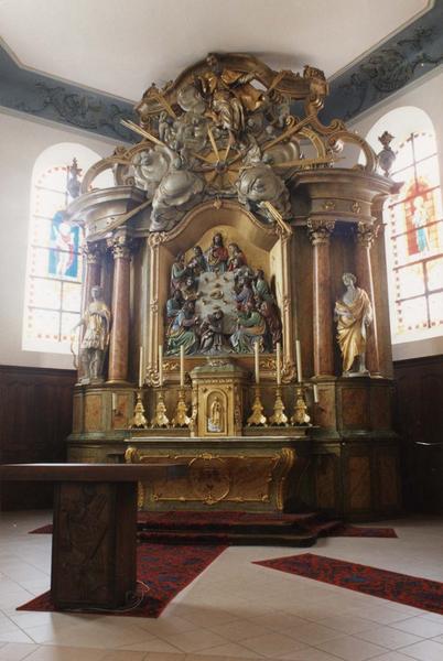 autel, tabernacle, retable, bas-relief, statues (2) (maître-autel) : Cène (la), saint Sébastien, saint Pancrace