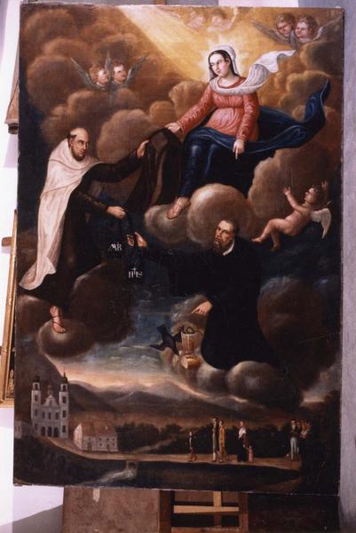 tableau (maître-autel) : Notre-Dame du Mont Carmel remettant au bienheureux Simon stock le scapulaire