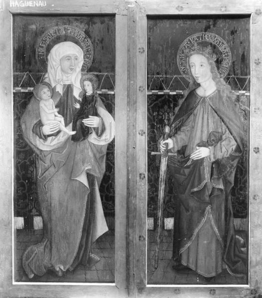 Retable dit du saint sacrement (triptyque) : Vierge à l'Enfant entourée de saint André et sainte Barbe, sainte Anne portant la Vierge enfant et Jésus, saint Martin et saint Nicolas