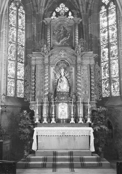 Retable du maître-autel ; statue de procession : Vierge à l'Enfant dite Notre-Dame du Mont Carmel ; tableau : Assomption