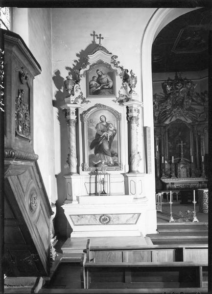 autels (2), retables (2), tableaux (4) (autels secondaires) : Vierge à l' Enfant, Education de la Vierge (l'), sainte Catherine, sainte Barbe