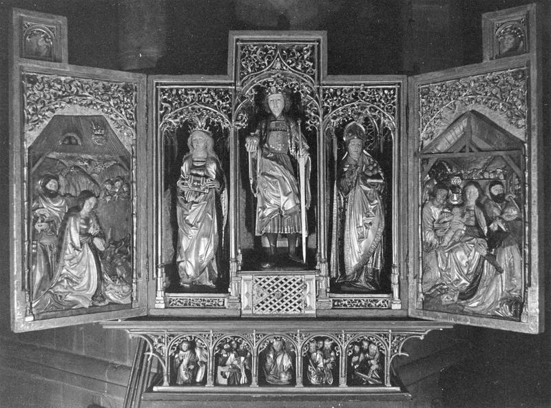 Retable de saint Pancrace, 3 statues : saint Pancrace, saint Nicolas, sainte Catherine, 2 bas-reliefs : Nativité, Adoration des Mages, 2 tableaux : saint Corneille pape et saint Pancrace, saint Nicolas et sainte Catherine, prédelle : Christ et onze apôtres