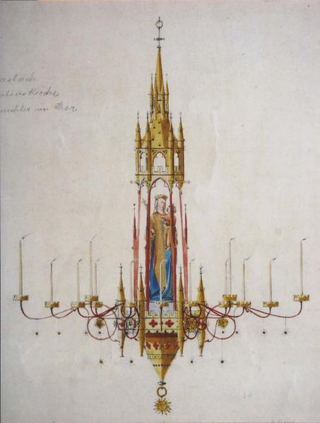 lustre à 36 lumières et statuette de la Vierge à l'enfant, vue générale du dessin de 1904 de Knauth Johann