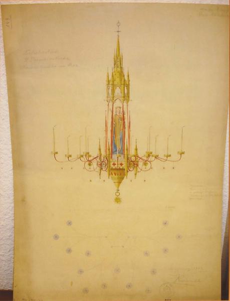 lustre à 36 lumières et statuette de la Vierge à l'enfant, vue générale du dessin de 1904 de Knauth Johann