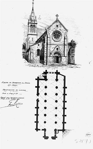 Plan d'ensemble et dessin de la façade ouest en vue de la restauration du clocher