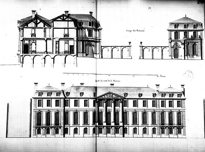 Elévation sur la rivière et coupe transversale