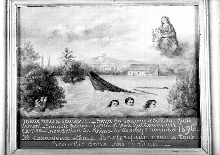 Peinture, ex-voto 98 : Inondation du Rhône, île d'Oiselay, sauvetage d'Anna du Laurens d'Oiselay, Julie Clément, François Abrieu, Joseph et Jean Guillaumont par Louis Bastergues, le 2 novembre 1896