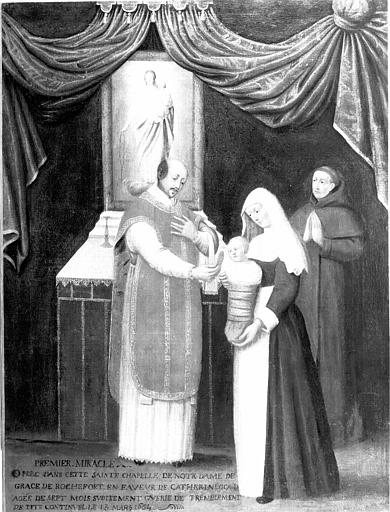 Peinture, ex-voto 5 : Premier miracle opéré dans cette chapelle de Notre-Dame-de-Grâce de Rochefort en faveur de Catherine Sica, agée de 7 mois subitement guérie de tremblement de tête continuel, le 13 mars 1664 - © Ministère de la Culture (France), Médiathèque du patrimoine et de la photographie, diffusion RMN-GP
