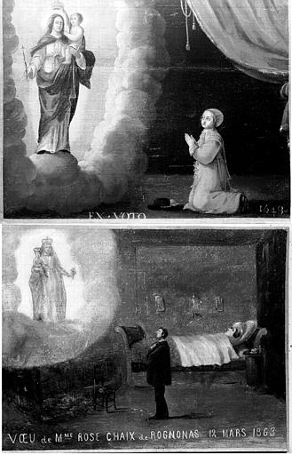 Peinture, ex-voto 79 : Voeu de Madame Rose Chaix de Rognonas, 12 mars 1863 et 3 : ecclésiastique reconnaissant