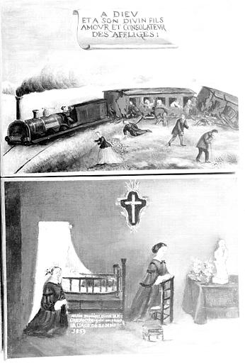 Peinture, ex-voto 72 : Accident de train et 105 : Marie Dominique Ernest Ulric Constantin guéri du croup, à l'âge de 21 mois en 1859