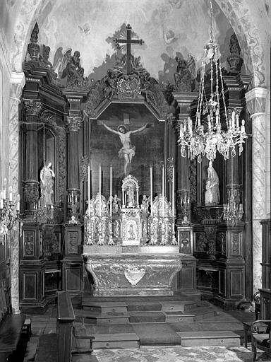 Retable en bois du maître-autel avec statue de la Vierge et tabernacle en marbre (ensemble)