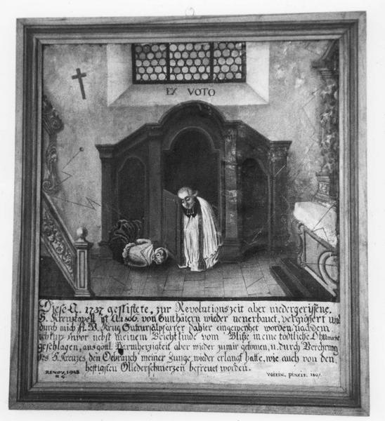 ex-voto, tableau : curé et pénitente évanouis dans un confessionnal touchés par la foudre