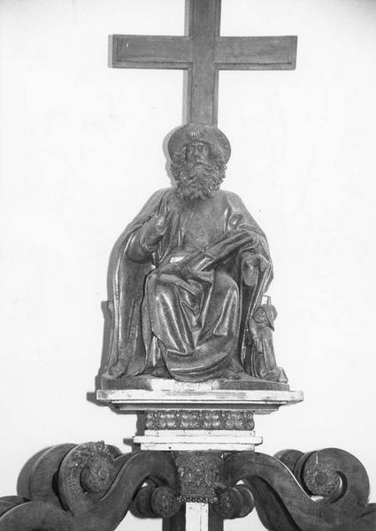 groupe sculpté : saint Jacques le Majeur avec un pèlerin, vue générale