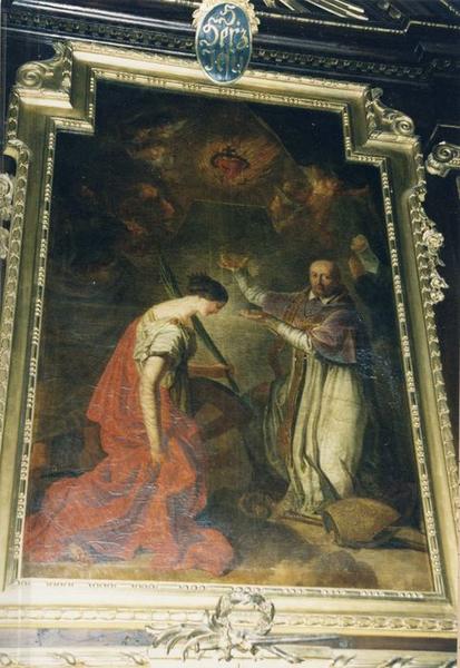 tableau de l'autel du Sacré-Coeur : Sainte Catherine d'Alexandrie, Saint Jean Eudes, Sainte Marguerite-Marie Alacoque, vue générale