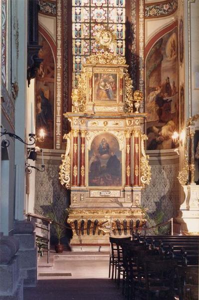 Autel retable des âmes du purgatoire, 2 tableaux : Vierge à l'enfant tenant le scapulaire entre saint Odilon et saint Simon Stock, Education de la Vierge