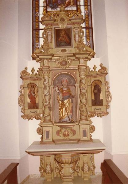 Autel retable dit de saint Blaise, statue, 3 tableaux : saint Sébastien, saint Morand, Vierge à l'Enfant