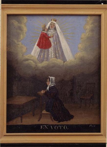 tableau ex-voto : Vierge à l'Enfant, femme à genoux sur un prie-Dieu, vue générale
