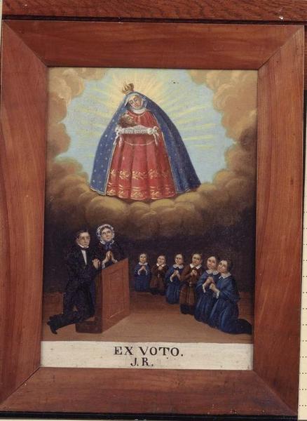 tableau ex-voto : Vierge de Pitié, parents et six enfants à genoux, vue générale