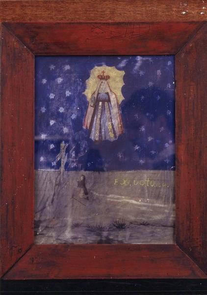 tableau ex-voto : Vierge, homme à genoux devant une croix sur fond de ciel étoilé, vue générale