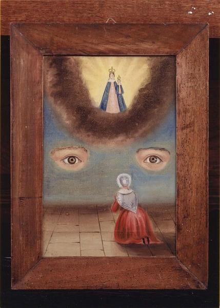 tableau ex-voto : Vierge à l'Enfant, femme de dos, à genoux devant deux yeux, vue générale