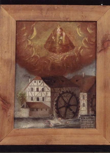 tableau ex-voto : Vierge à l'Enfant, homme (?) tombé dans un cours d'eau près d'un moulin, vue générale