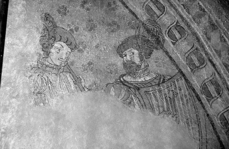 Peinture murale, deuxième chapelle sud de la nef, mur sud : festin d'Hérode, deux musiciens