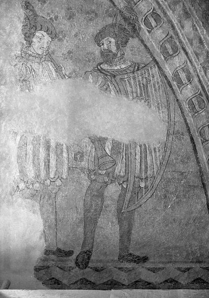 Peinture murale, deuxième chapelle sud de la nef, mur sud : festin d'Hérode, deux musiciens