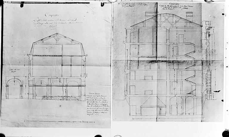 Coupe du pavillon de gauche de la place d'armes, profil de l'aile près de la cour des cuisines et élévation de l'extrémité de l'aile du Dauphin