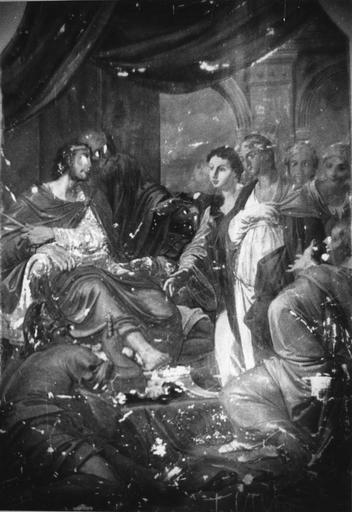 Peinture monumentale : Esther chez Assuérus (Histoire d'Esther et Assuérus), huile sur toile ; avant restauration