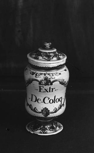 Pot à pharmacie (pilulier) en faïence à décor de rinceaux, frises de feuillages et cartouche feuillagé - © Ministère de la Culture (France), Médiathèque du patrimoine et de la photographie (objets mobiliers), tous droits réservés
