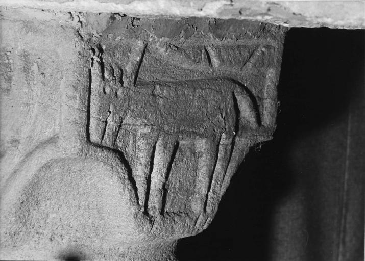 Chapiteau : détail d'un animal stylisé en relief méplat, pierre taillée (détail)