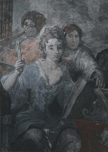 Peinture monumentale : Le concert champêtre, détail d'une jeune femme battant la mesure avec un éventail fermé, derrière elle un joueur de flûte et un personnage qui tourne les pages de la partition, fresque (détail)