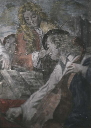 Peinture monumentale : Le concert champêtre, détail d'un joueur de viole et d'un violoniste, fresque (détail)