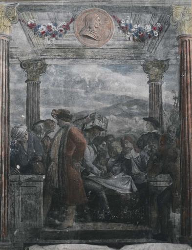 Peinture monumentale : L'assemblée des marchands, détail de la partie centrale de la composition, fresque (détail)