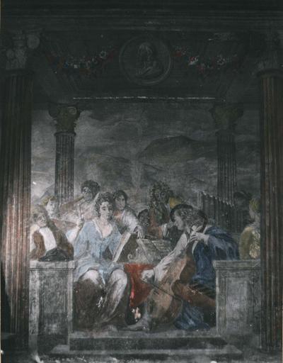 Peinture monumentale : Le concert champêtre, détail de la partie centrale de la composition représentant la Musique, fresque (détail)