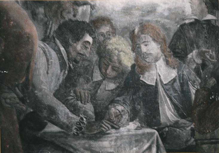 Peinture monumentale : L'assemblée des marchands, détail de personnages en train de négocier, partie centrale de la composition, fresque (détail)