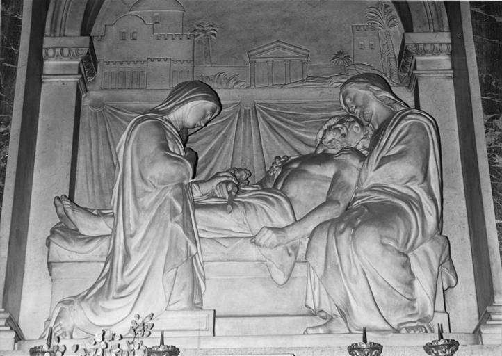 Retable, bas-relief : La mort de saint Joseph, marbre sculpté