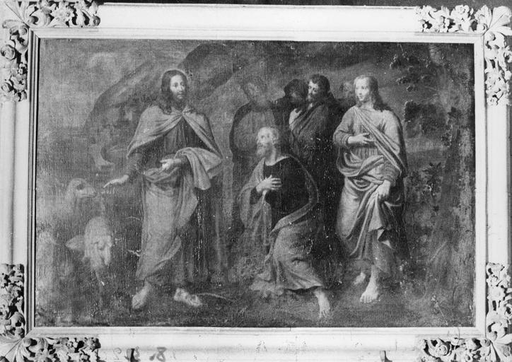 Tableau : Le Christ désignant ses brebis à saint Pierre en présence des apôtres, cadre