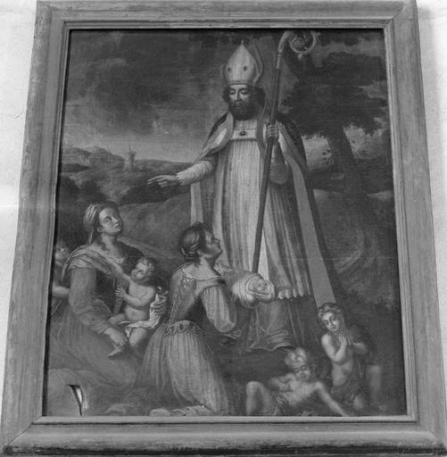Tableau : Saint Nicolas bénissant deux femmes et leurs enfants, huile sur toile - © Ministère de la Culture (France), Médiathèque du patrimoine et de la photographie (objets mobiliers), tous droits réservés