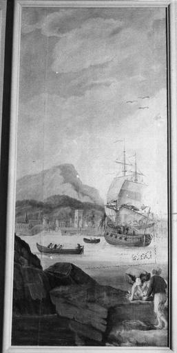 Tableau : Scène portuaire avec vue de la ville à l'arrière plan, et deux pêcheurs et leurs paniers de poissons au premier plan