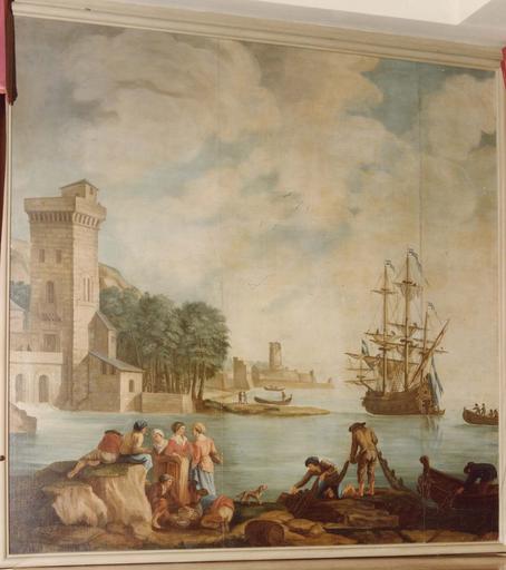 Tableau : Scène portuaire avec les fortifications de la ville à l'arrière plan, un groupe de personnes discutant et des pêcheurs raccommodant leurs filets