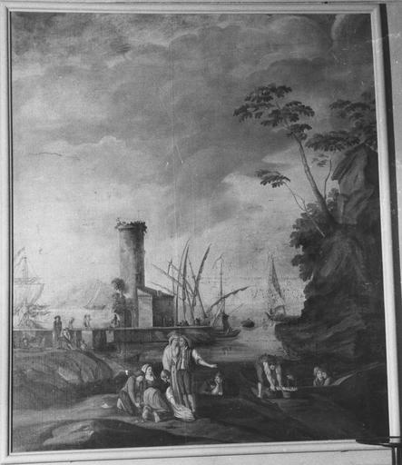 Tableau : Scène portuaire avec de nombreux personnages, huile sur toile