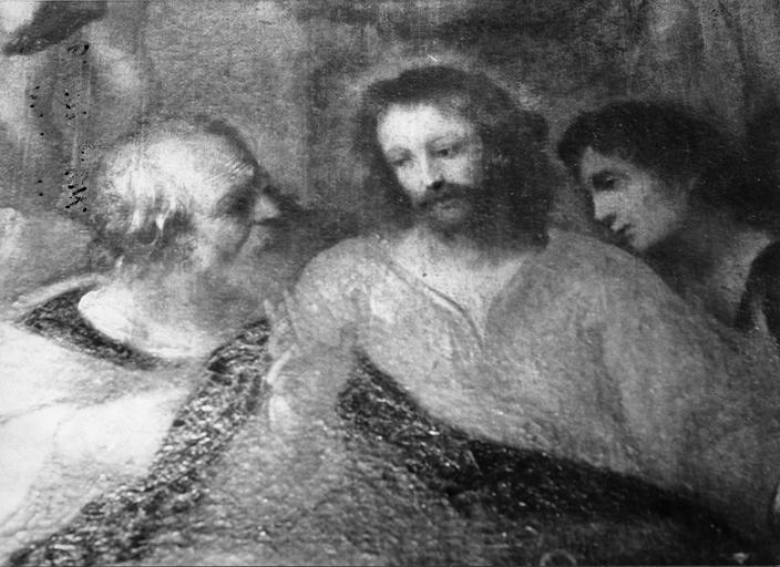 Tableau : La Cène, détail des visages du Christ, de saint Jean et de Judas, huile sur toile