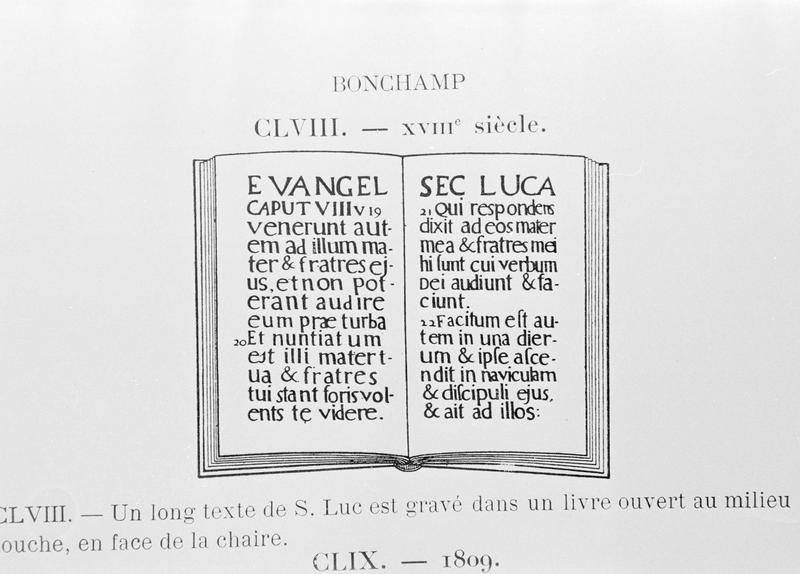 Lambris de revêtement : relevé de l'inscription extraite de l'évangile de saint Luc sur le mur sud de la nef